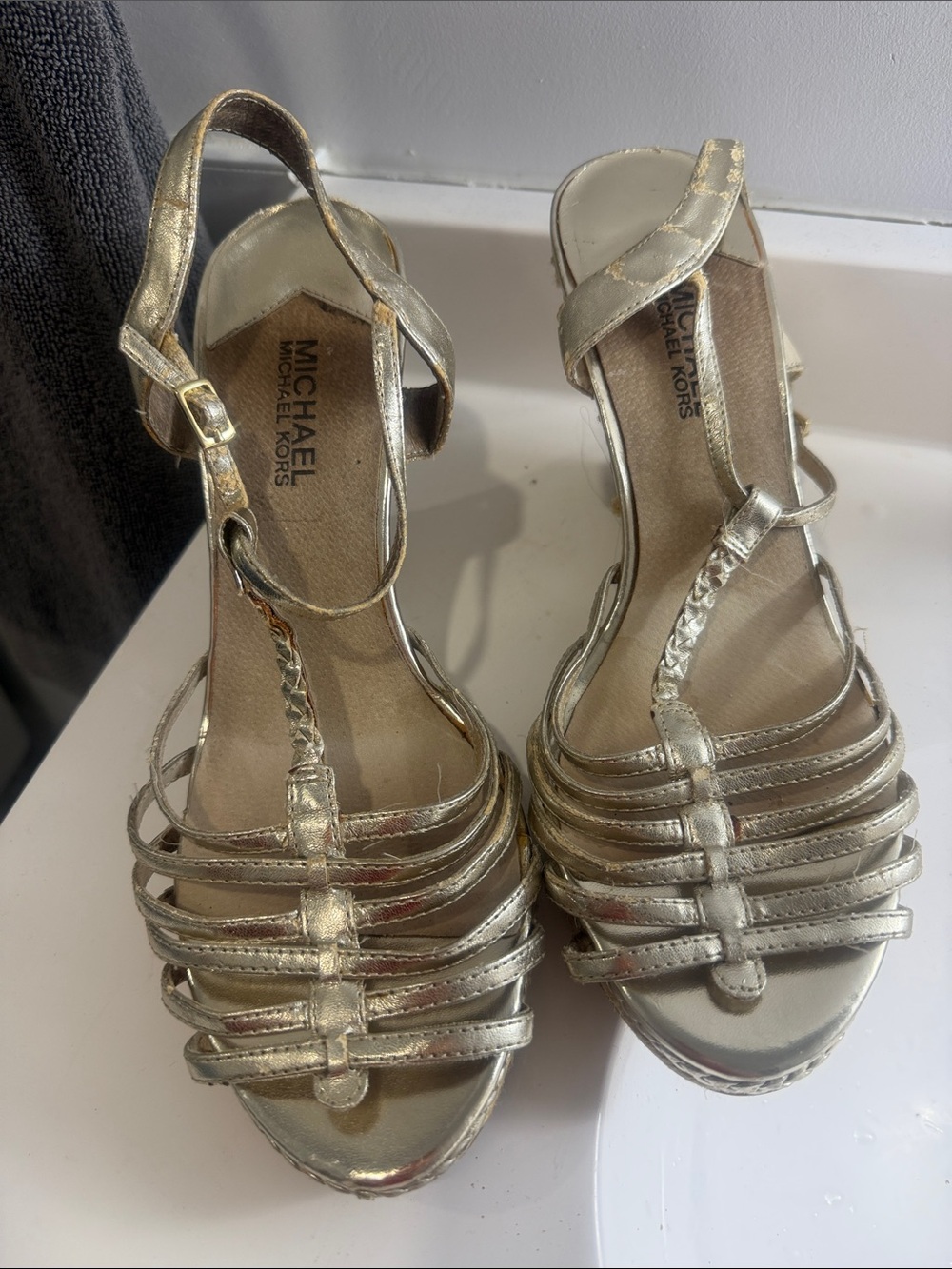 Size 9.5 Michael Kors Gold Wedge Sandals